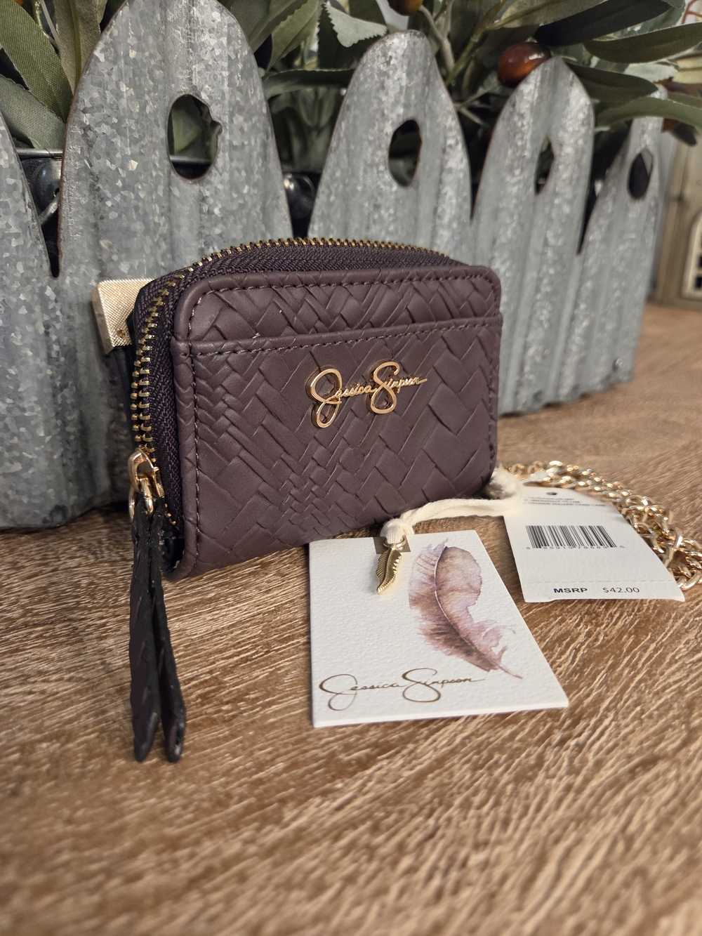 Jessica Simpson Midnight Plum Woven Zip Card Case Wallet Wristlet